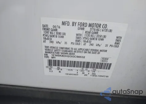 2016 Ford Explorer Xlt from USA, damaged, VIN 1FM5K8DH2GGC98532